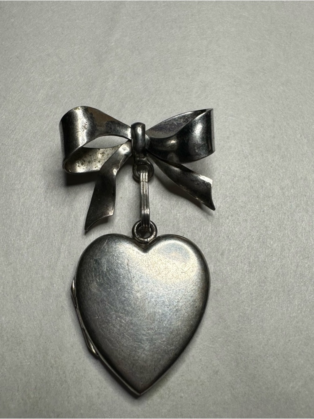 Silver Bow and Heart Locket Brooch - Silver Tone